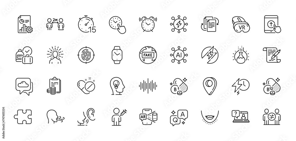 Augmented reality, Cobalamin vitamin and Social distancing line icons pack. AI, Question and Answer, Map pin icons. Weather forecast, Swipe up, Yoga web icon. Vector