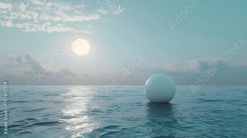 A serene scene of a minimalist sphere gently bobbing on the calm waters of the ocean, evoking a sense of peaceful solitude