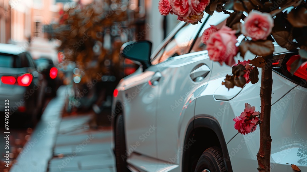 White wedding car with a bunch of flowers on the door handle - obrazy, fototapety, plakaty 