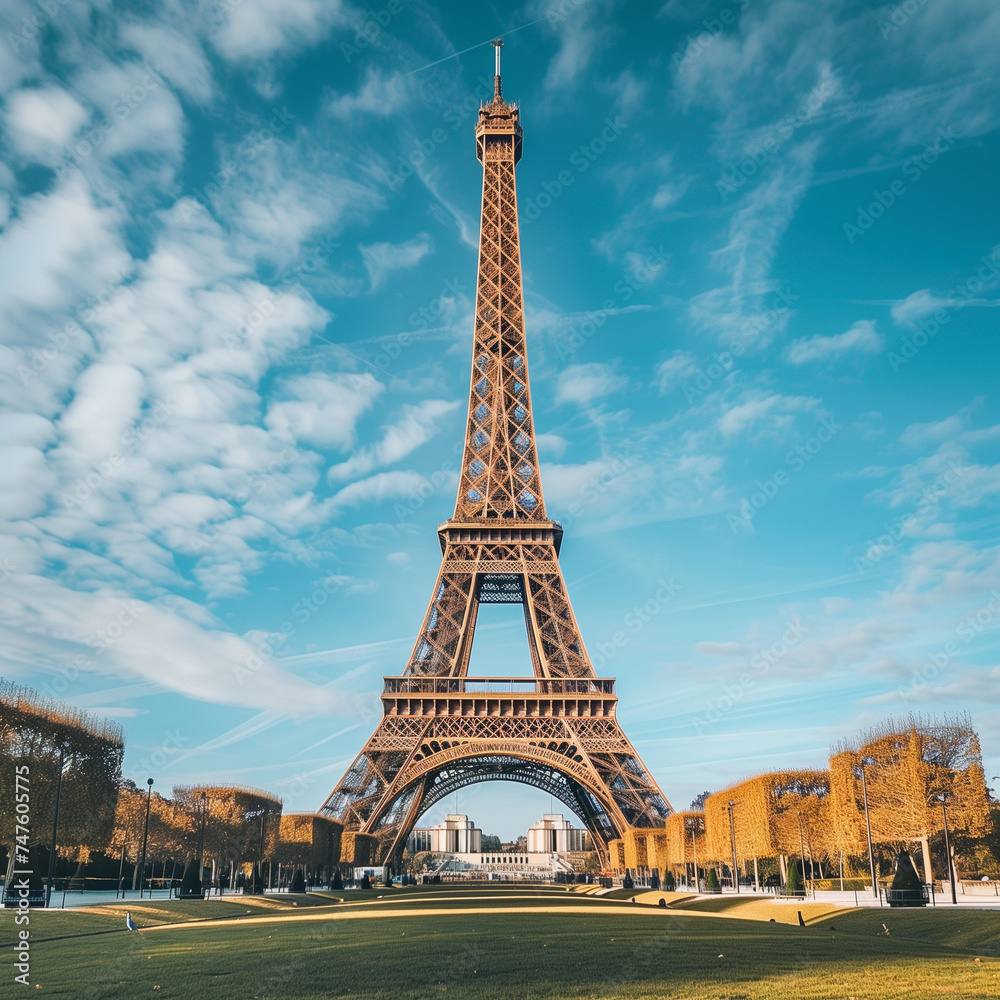 Majestic Eiffel Tower Standing Tall Against Blue Sky