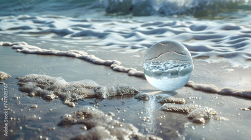 A solitary sphere gently rolling with the ebb and flow of the ocean waves, creating a sense of calm and serenity