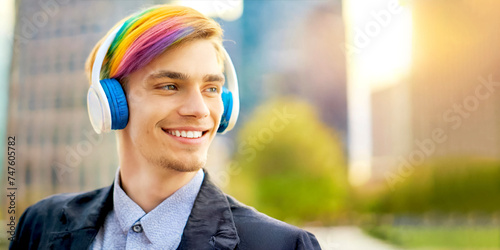 Mann mit Regenbogen Haarfarbe und Kopfhörern in der Stadt 
