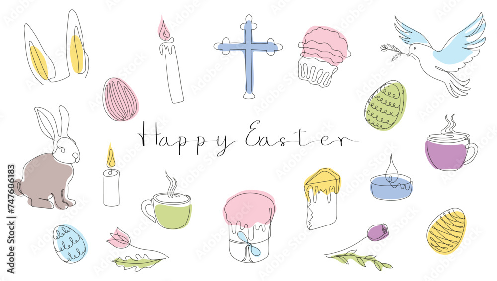 Easter Set in continuous one line style with design elements like bunny, eggs, dove, candles, cross, Easter cakes, steaming mugs, flowers. Vector. For greeting cards, textiles, fabric prints. Clipart Easter Set in continuous one line style with design elements like bunny, eggs, dove, candles, cross, Easter cakes, steaming mugs, flowers. Vector. For greeting cards, textiles, fabric prints. Clipart