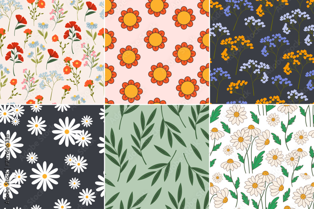 Fototapeta premium Floral seamless pattern set. Daisy, leaves, flowers, Botanical pattern vector flat illustration.