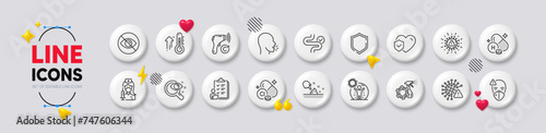 Digestion, Checklist and Coronavirus line icons. White buttons 3d icons. Pack of Vitamin h, Coronavirus spray, Vision test icon. Skin moisture, Chlorine mineral, Life insurance pictogram. Vector