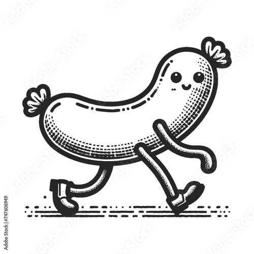 cartoon sausage walking on his feet sketch engraving generative ai vector illustration. Scratch board imitation. Black and white image.
