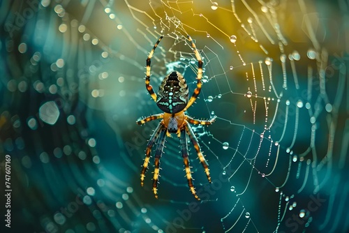Delve into the exquisite intricacy of nature as a spider meticulously weaves its web in the soft light of dawn.