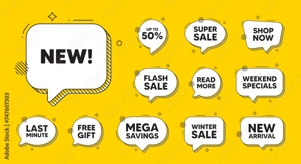 Offer speech bubble icons. New tag. Special offer sign. New arrival symbol. Arrivals chat offer. Speech bubble discount banner. Text box balloon. Vector