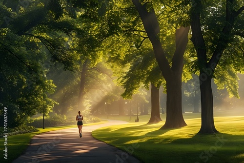 woman walking running in park limned with trees green path jogging morning light  photo