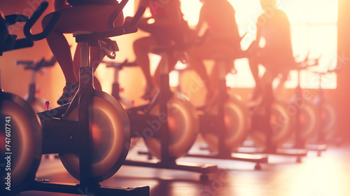 people biking in spinning class at modern gym, exercising on stationary bike. group of caucasian people athletes training on exercise bike photo