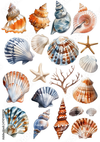A diverse collection of sea shells and starfish isolated on white, showcasing the beauty of marine life.
