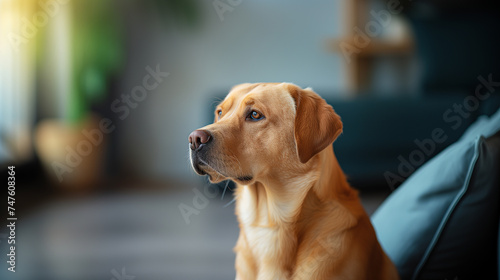A watchful Labrador Retriever sits at home, with a focused and alert expression, possibly waiting for its owner.