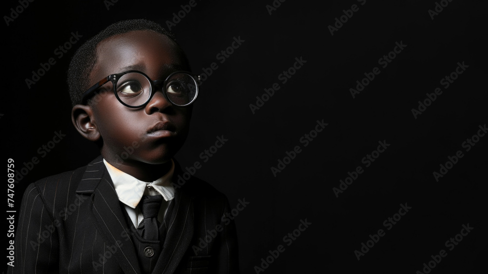 a studio portrait of little black boy dressed up as a manager businessman in suit isolated on black background a studio portrait of little black boy dressed up as a manager businessman in suit isolated on black background