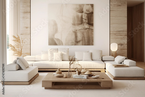 White sofa and armchairs, interior design of a modern living room photo