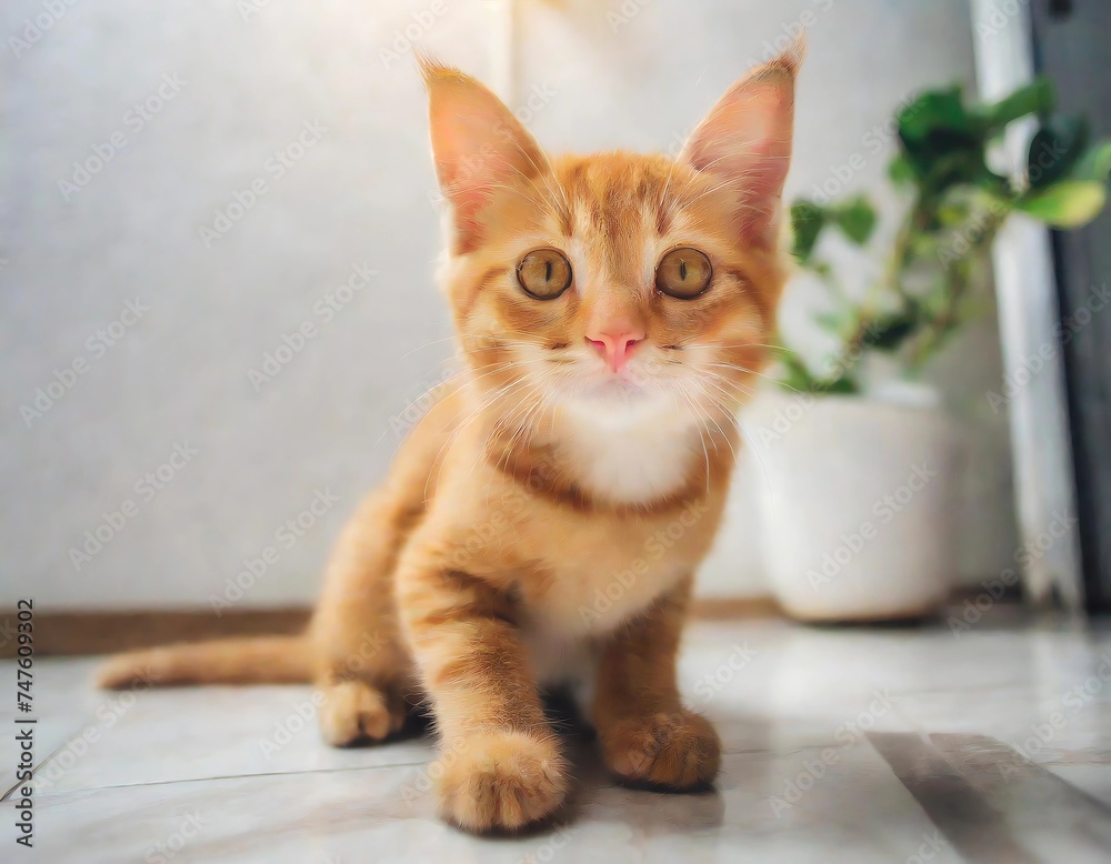 Cute orange kitty cat standing with white background