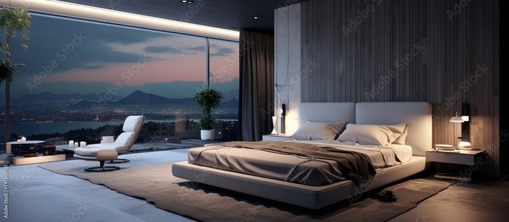 A modern bedroom with sleek furniture and large windows showcasing a stunning view of the city skyline. The room is elegantly designed with a minimalist aesthetic,