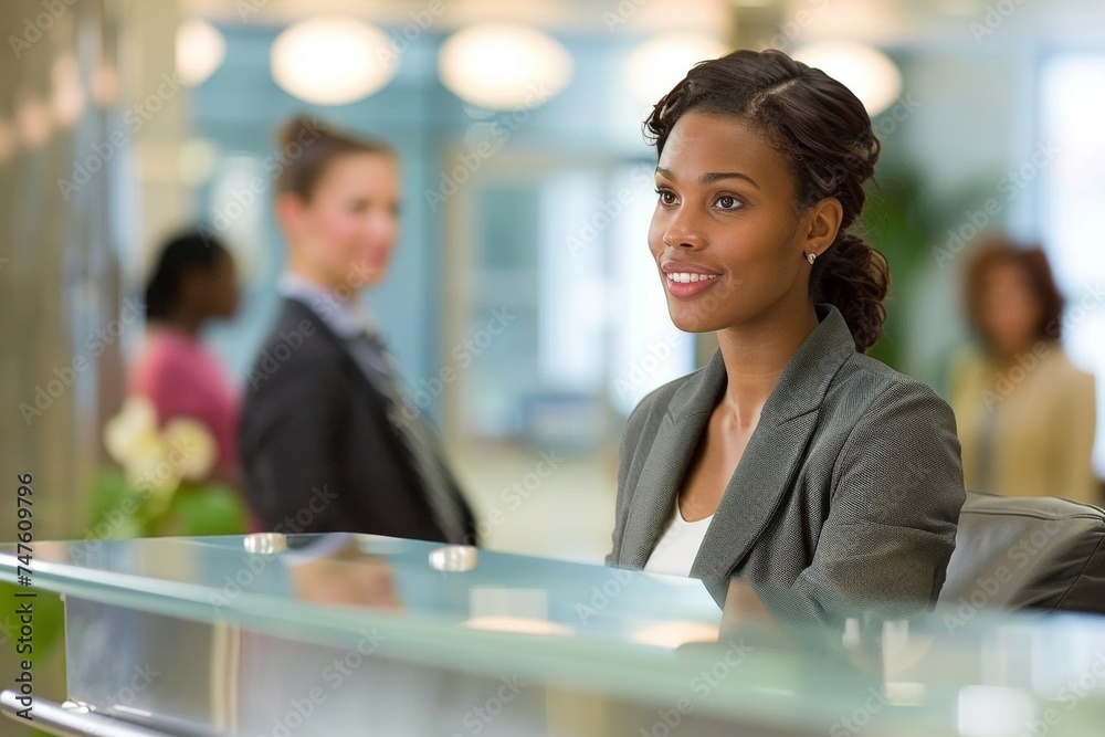 Professional Receptionist Greeting Visitors at a Modern Office Lobby