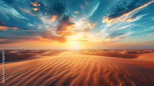 A desert with sand dunes and a sun setting in the distance, AI