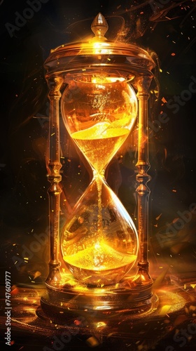 A golden hourglass stands against a dark background, symbolizing the passage of time. © FryArt Studio