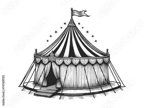 Circus tent sketch line art engraving generative ai vector illustration. Scratch board imitation. Black and white image.