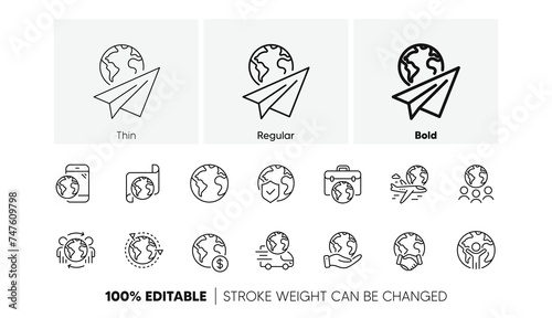 Translate language, global law, outsource business. World business line icons set. International organization, financial transactions, world map icons. Delivery service, global outsource. Vector