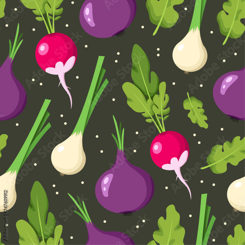 Vector vegetables pattern with radish, spring onions, salad onions and dots on dark background