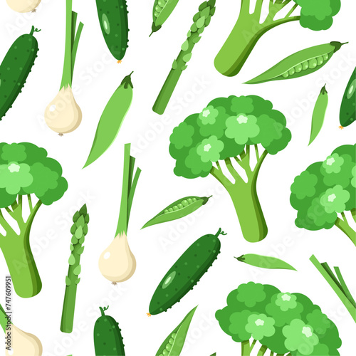 Vector pattern with vegetables, broccoli, asparagus, spring onions, green beans, cucumbers in flat style