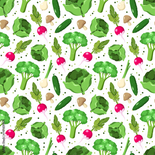 Vector pattern with green vegetables, cabbage, broccoli, radish, mushrooms, dots on white backgrounds
