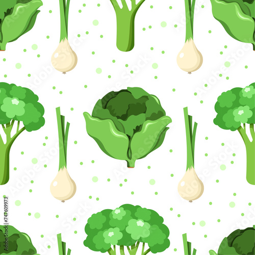 Vector vegetable pattern with green cabbage, spring onions and polka dots in flat style