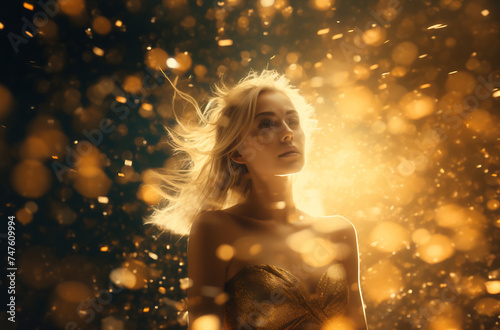 Portrait of a mesmerizing young woman surrounded by golden sparkles and bokeh