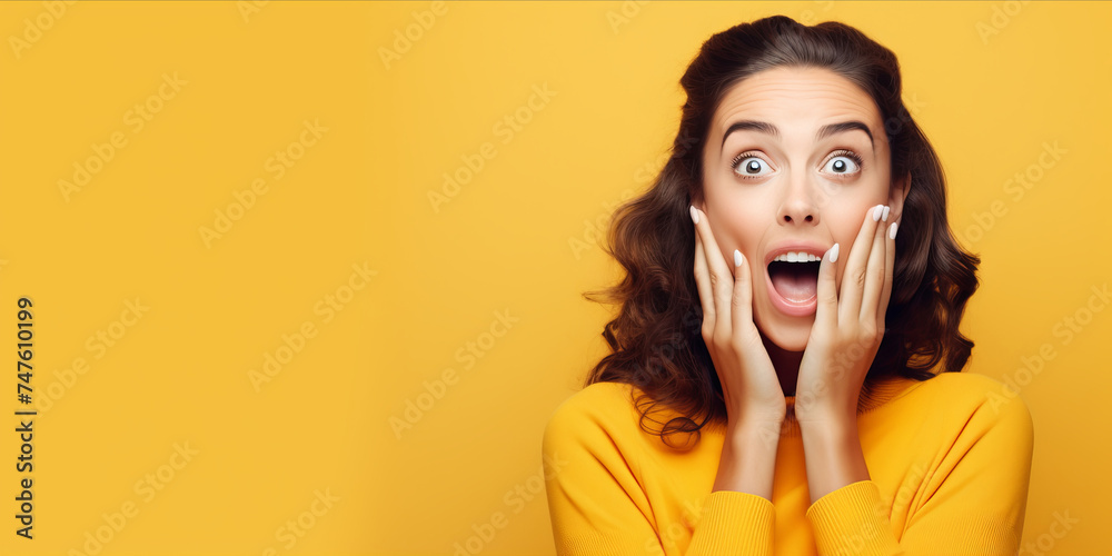 Shocked lady with hands on cheeks, open mouth, wide eyes. Concept of shock, unexpected news, pleasant sale or offer, joyful reaction, promotional content. Yellow backdrop. Wide banner with copy space - obrazy, fototapety, plakaty 