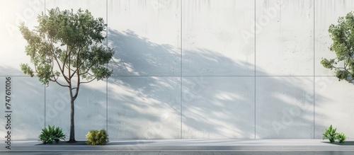 Three tall trees in front of a long white concrete wall in a city street setting.