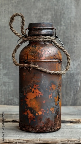 Wallpaper Mural A weathered canteen bottle featuring rusted metal with a rope lid on top, showcasing a distressed appearance. Torontodigital.ca