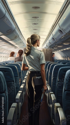 A stewardess walks down the aisle of an airplane.