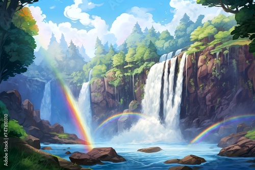 Waterfall cascading over rocky cliffs with a rainbow. Concept of natural wonder, vibrant ecosystem, outdoor adventure, and scenic beauty. Digital art