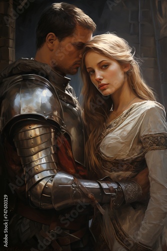 Romantic couple in historical attire embracing tenderly. Man and woman. Knight and his lady. Concept of period romance, royal love story. Cover for women's romance novel. Vertical.