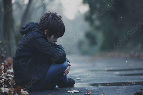 sad young boy sitting in road curled up on rainy day alone depression  photo