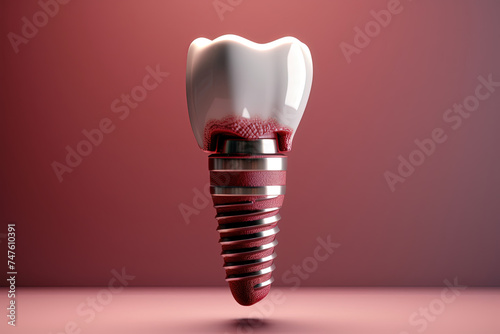 A detailed representation of a dental implant, showing the metal post, abutment, and crown resembling a human tooth