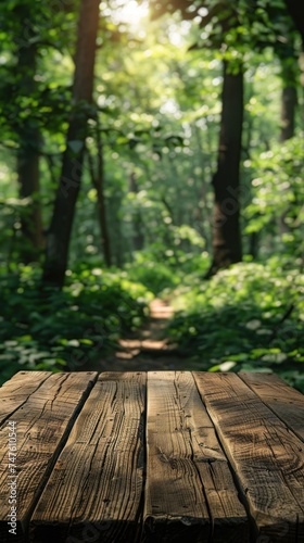 A wooden table placed in the heart of a lush green forest, blending with the natural surroundings.