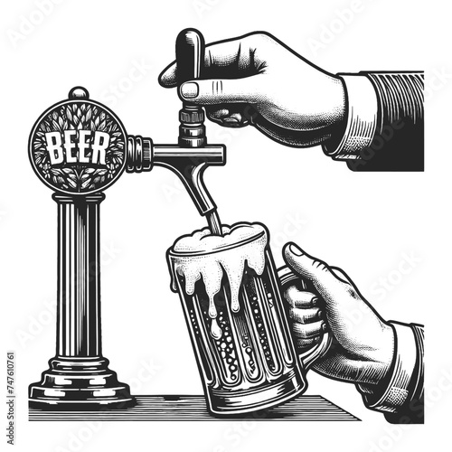 Retro-styled engraving of hand pouring beer from tap into frothy mug, evoking traditional brewery ambiance. Sketch engraving generative ai vector illustration. Scratch board imitation. 