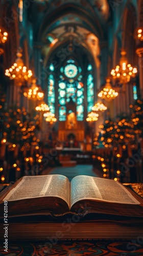 A Holy Bible sits open on a wooden table inside a church, illuminated by natural light.