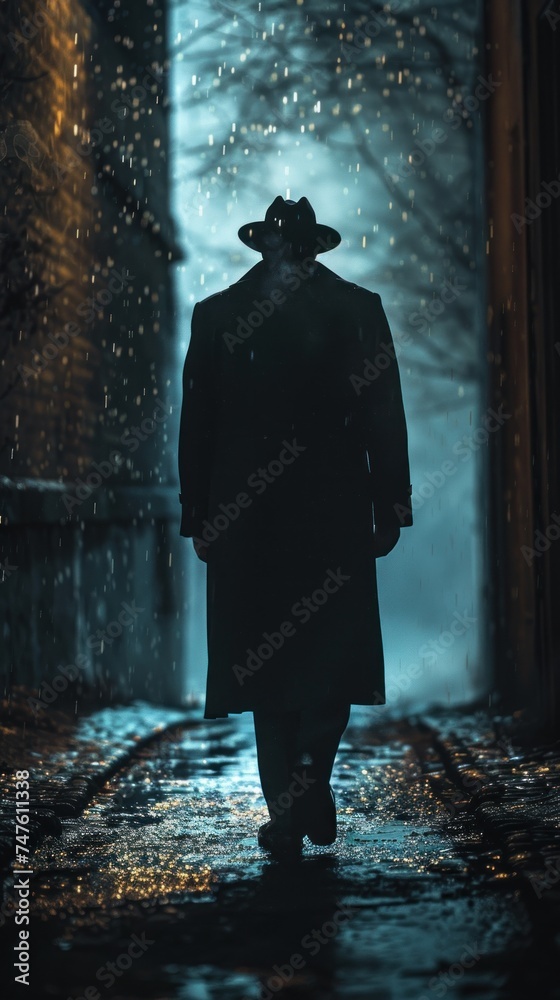 A man, presumably a detective, walks down a street in the rain towards a source of light.