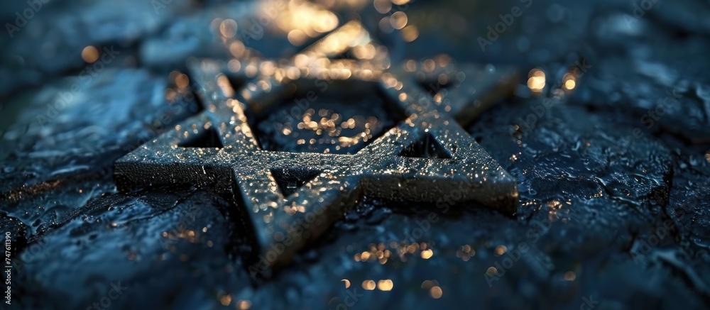 Detailed view of a Star of David symbol in a minimalistic style.