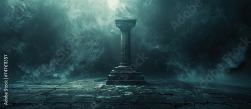 A solid pillar stands alone in the center of a dimly lit room, surrounded by darkness. The stark contrast between the pillar and its surroundings creates a striking visual.