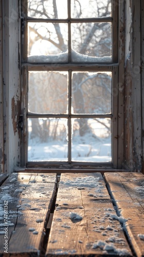 An empty wooden table sits in front of a window showing a winter scene in the background.