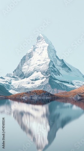 A grand mountain stands tall in the background as a serene lake stretches out in front of it, creating a breathtaking natural scene.