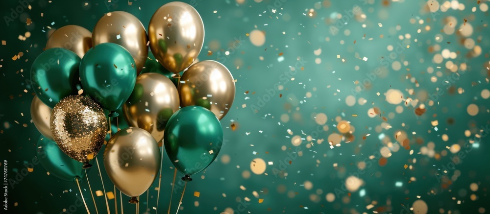 A cluster of green and golden balloons with scattered confetti soaring through the sky. A cluster of green and golden balloons with scattered confetti soaring through the sky.