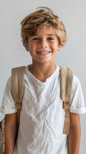 A joyful young boy wearing a backpack looks straight at the camera with a big smile on his face. photo