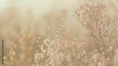 Abstract beautiful tender floral background with blurry bokeh effect in golden colors for wedding, greeting card, banner decoration