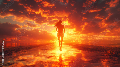 A silhouette of a young women running on the ground into the vibrant color of sunset © K.A
